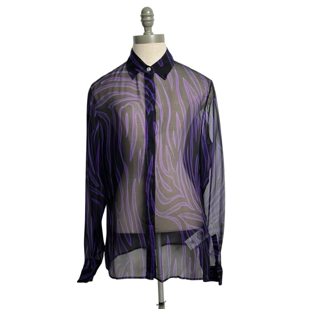 VERSACE Printed Silk Chiffon Shirt Black Orchid Purple Button Down Shirt Size 10 - Picture 3 of 14